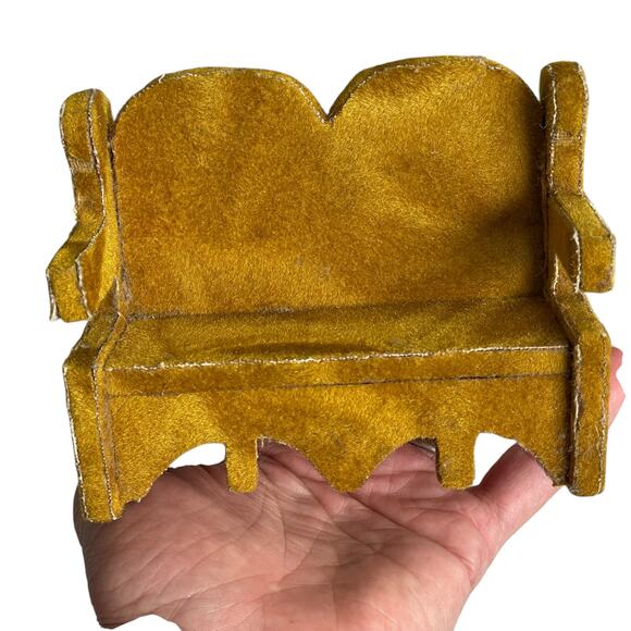 Vintage Flocked Wood Couch Dollhouse Furniture Sofa Loveseat Yellow Gold READ - Picture 1 of 12